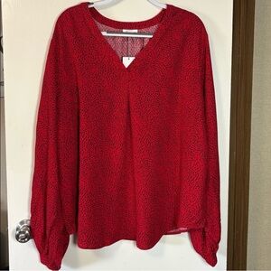 Liz Claiborne Cabaret Red Textured Blouse 2X Long Bubble Sleeves V-Neck
